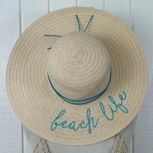 Women’s Beach Life Blue Embroidery Tassles Floppy Straw Sun Hat Outdoor Summer - Picture 2 of 6